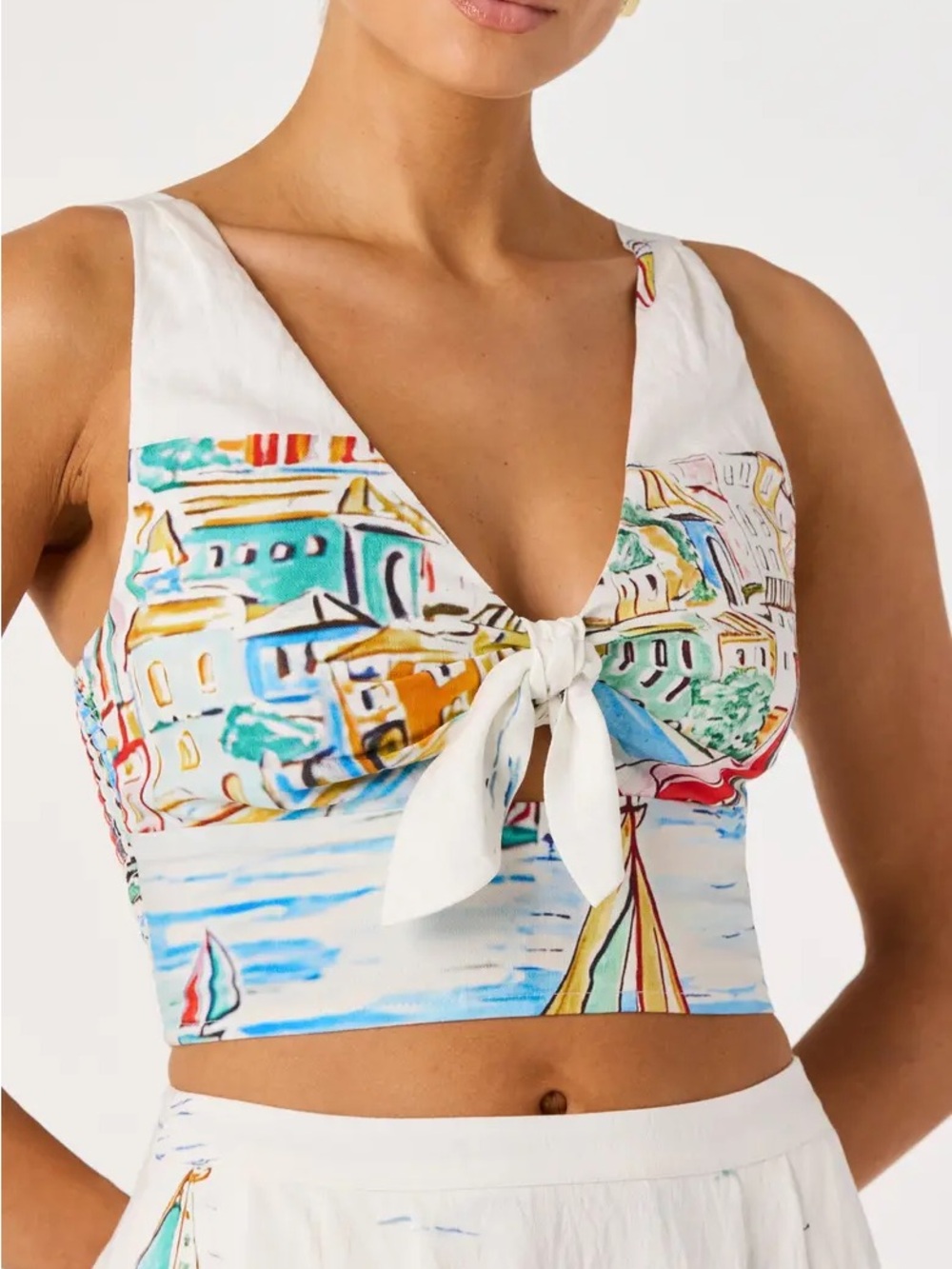 White Tie-Front Crop Top with Coastal Print